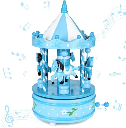 BRUBAKER Spieluhr aus Holz - Nostalgisches Karussell mit Pferden - Melodie: Jingle Bells - 24 cm Spieldose Dekoration für Weihnachten - Weihnachtsdeko Musik Box - Blau