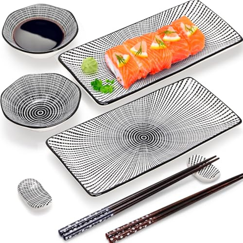 Pumtus 8 Pcs Sushi Plate Set, Ceramic Sushi Serving Set for 2, Japanese Sushi Dinnerware for Wedding Housewarming, Includes 2 Serving Dishes, 2 Sauce Bowls, 2 Pairs of Chopsticks, 2 Chopstick Holders