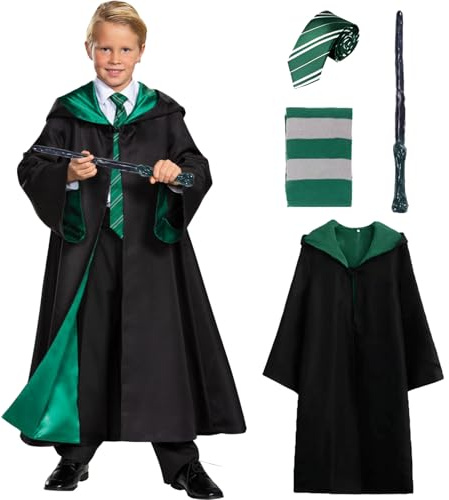 yumcute Wizard Costume Kids Cosplay Set, Magic Robe Outfits with Wand,Scarf,Tie Accessories, Boys Girls Magician Costumes Gifts for World Book Day Cosplay Fancy Dress Party Halloween（135）