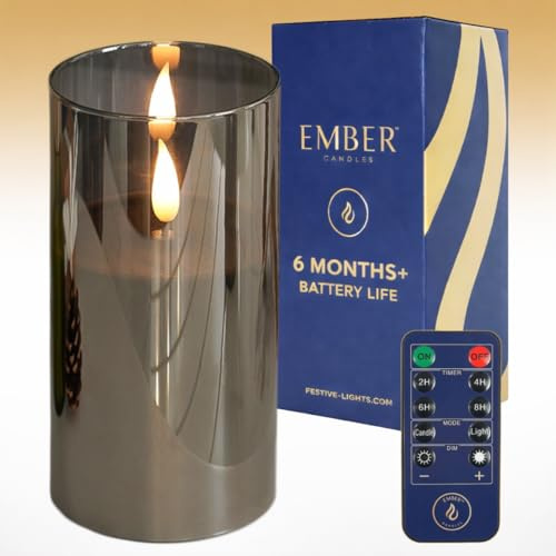 Ember Candles™ 15cm Hurricane Smoked Glass Black LED Flickering Battery Candle – 100% Real Wax, Ultra-Realistic, Flameless, Hand-Poured Design, 6-Hour Timer for Indoor Use (with Remote Control)