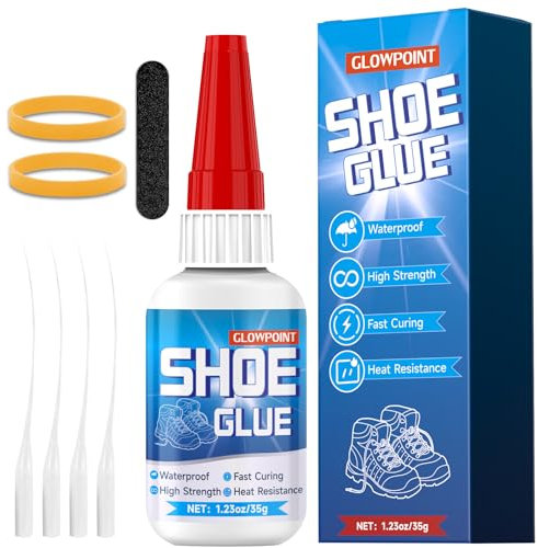 GLOWPOINT 35g Shoe Glue, Instant Shoe Glue Sole Repair, Clear Strong Adhesive for Sneakers, Boots, Leather, Heels and More, with Sanding Stick, Elastic Bands & Precision Droppers, Waterproof - 1 Pack