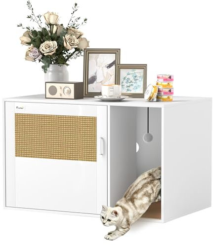 PawHut Maison de Toilette Chat, Meuble litière pour Chat, Tapis griffoir, Porte avec poignées, Style bohème, Patins antidérapants, Table d'appoint, Blanc