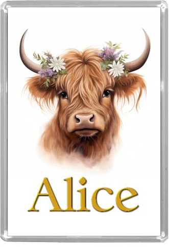 Personalised HIGHLAND COW WITH FLOWERS Jumbo Fridge Magnet (Overall Size 9.7cm by 6.7cm)