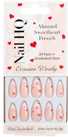 Nail HQ Press On Nails – Almond Sweetheart French Nails, 24 Durable Glossy Finish False Nails for Salon-Quality Manicure at Home
