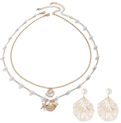 AINIUNIU Muschelkette Damen Muschel Ohrringe Sommer Schmuck Damen, Gold Layer Charm Kette Weiße Muschelohrringe, Böhmisches Set aus Halskette und Ohrringen Meerjungfrau Accessoires