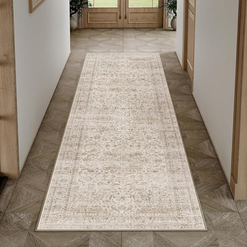 HUGEAR Vintage Teppich Läufer Flur 60x180cm Beige Waschbar | Waschbarer Teppich, Rutschfest Weich, Kurzflor Retro, für Vorzimmer, Schlafzimmer Küche, Brücken Hallway, Carpet
