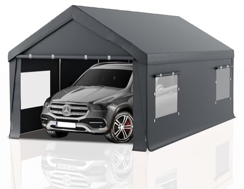 Carport 10 x 20 garage portatile resistente, tettoia per auto con finestre e porte arrotolabili, garage e rifugi portatili con pareti laterali rimovibili, tenda garage per auto con telone per tutte le