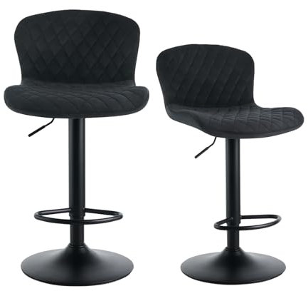Set of 2 Velvet Bar Stools with Backrest Adjustable Height 360° Swivel Cushioned Seat Perfect for Kitchen Dining Room Bistro Bar and Cafe (Black)
