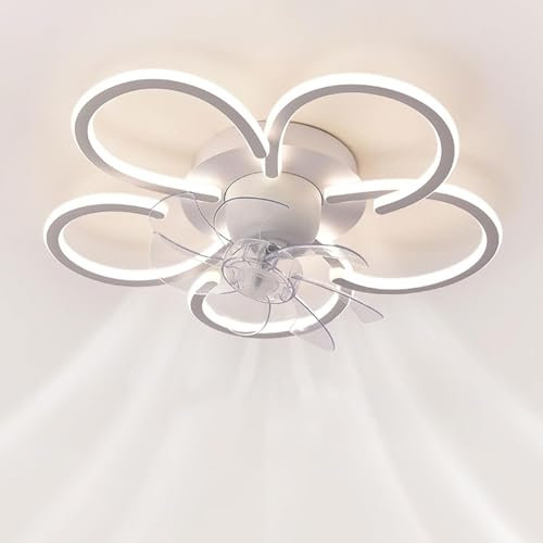 Ventilador de techo de flores blancas con luz, control remoto, luz reversible, ventilador de techo LED de perfil bajo, lámpara de ventilador moderna nórdica para dormitorio infantil, sala de estar, co