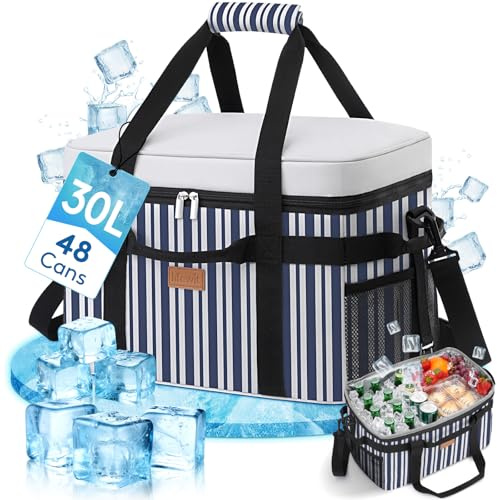 Lifewit Nevera Portatil, Bolsa Termica Grande, Cooler Bag Plegable con múltiples asas, Bolsa Nevera Porta Alimentos para Hombre Mujer, Porta Alimentos para Picnic, Camping, Barbacoa, Rayas Azules, 30L