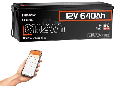 Humsienk Bluetooth Batterie Lithium 12V 640Ah LiFePO4 avec 250A BMS Protection, Plus de 6000 Cycles,8192 Wh,pour Camping-Car, Marine, Installation Solaire, Système Hors Réseau,Alimentation de Secours