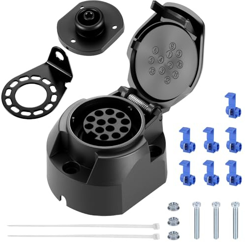 Starvortex Prise Remorque 13 Broches, Prise 13 Broches avec Joint en Caoutchou et Support de Montage en Métal, 12V Étanche Norme ISO 11446 Adaptateur Connecteur Prise pour Caravane Voitures RV Bateau