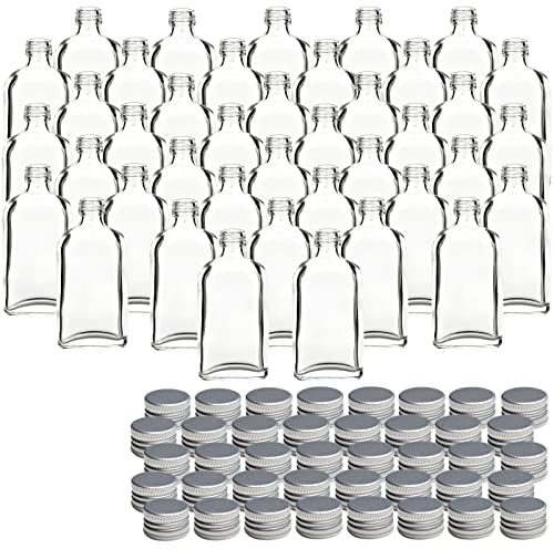 gouveo Lot de 80 bouteilles en verre 50 ml Dana avec bouchon à vis argent - mini bouteille 0,05 l à remplir - bouteilles en verre pour liqueur, whisky pour anniversaires, mariages (MFD050S)