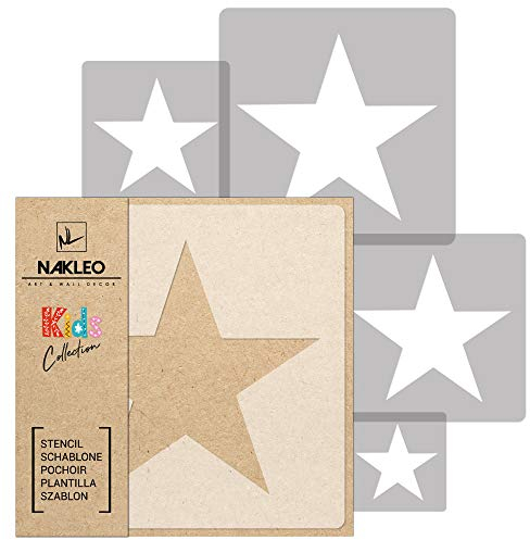 NAKLEO Wiederverwendbare Kunststoff Schablonen Malen, 5 Stück Set 9x9 bis 34x34cm Stern Star Kunststoff Muster, Kinder Kinderzimmer Malvorlage Raumdekoration, Basteln DIY Wand Möbel