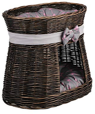 e-wicker24 Ovale dunkelbraune Katzenhütte, Katzenkorb aus Weide, Korb für die Katze mit Zwei Etagen, Katzenlager mit Kissen, Katzenturm (Grau)