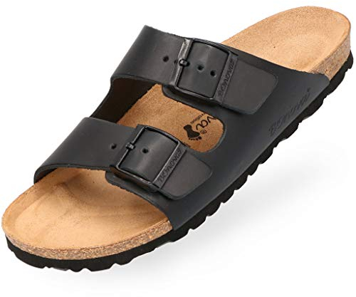 BOnova Schwanberg Echtleder Herren Pantolette in schwarz, Größe 43. Bequeme Hausschuhe aus Echtleder mit Kork-Fußbett - Sandalen hergestellt in der EU