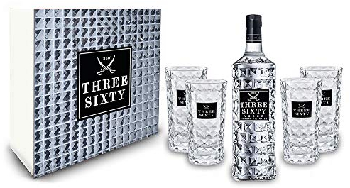 Three Sixty Set Geschenkset Geschenk Box - Three Sixty Vodka Wodka 0,7L 700ml (37,5% Vol) + 4x Gläser eckig Longdrink Glas 300ml Fassung Kristall Glas - [Enthält Sulfite]