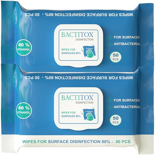 Bactitox 100 Antibacterial Alcohol Wipes - 80% Ethanol - Fast Acting Surface Disinfectant - (2 Packs)