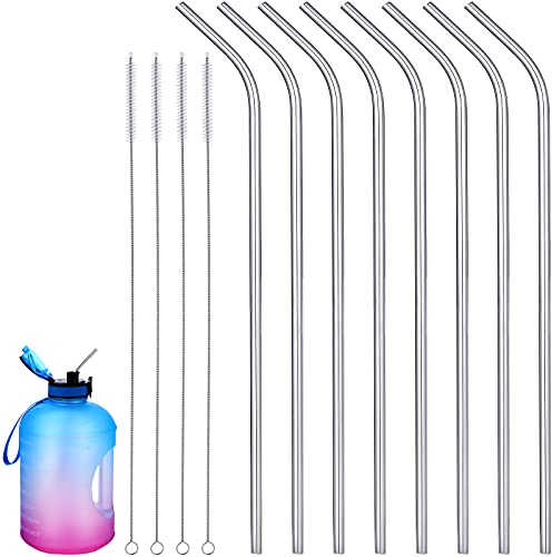 Geiserailie 8 Pieces 14 Inch Stainless Steel Straws Long Drinking Straws for 100 oz Tumblers, Extra with 4 Pieces Cleaning Brush(Silver)