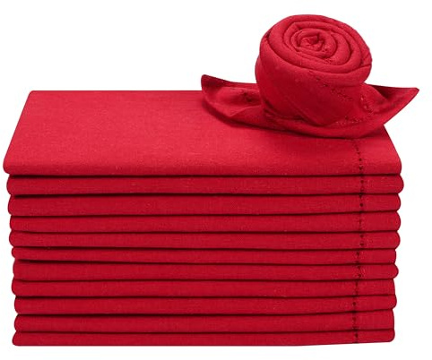 Homebia Designs 100 % Baumwolle, Set mit 12 Stoffservietten, 45.7x45.7 cm, maschinenwaschbar, Cocktail-Servietten mit Gehrungsecken für den täglichen Gebrauch/Weihnachten/Party/Hochzeit – Rot