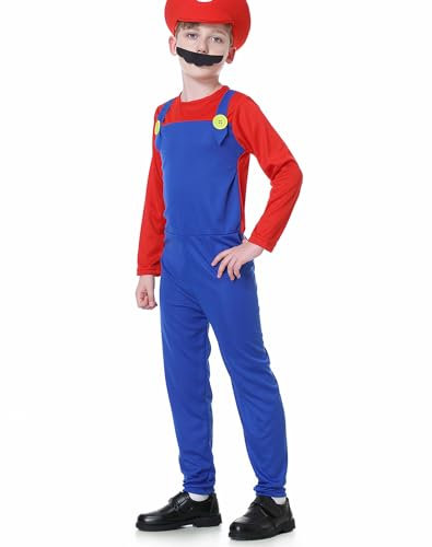 VISVIC Super Brothers Klempner Kostüm Mit Bodysuit, Cap Und Schnurrbart - Karneval Halloween Cosplay Für Herren, Damen, Jungen, Mädchen, Kinder - Rot, S