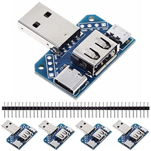 DAOKAI Lot de 5 adaptateurs USB 4 en 1 vers DIP 2,54 mm 8 broches Type-C/Type-A mâle/Type-A femelle/prise micro USB vers carte de dérivation DIP pour alimentation DIY avec en-tête 40 broches