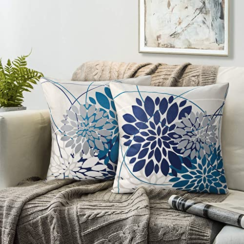 RYBornament Kissenbezüge 40x40 Kissen Herbst Geometrie Blume Dekokissen Elegante Kissenbezug Navy Blau Und Teal Dekoration Sofakissen Modern Deko 2er Kissenhülle Für Schlafzimmer Sofa Bett Garten