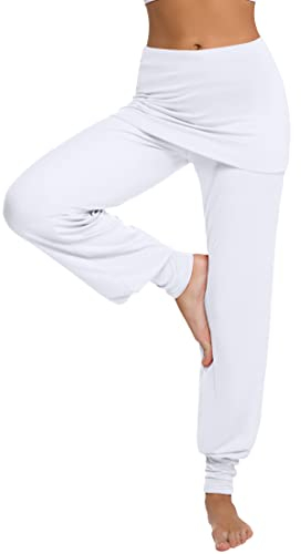 Terecey Yogahose Damen Lang mit Rock Freizeithose Baumwolle Jogginghose Hohe Taille Pumphose Haremhose für Yoga Pilates Tanzen Joggen Weiß S