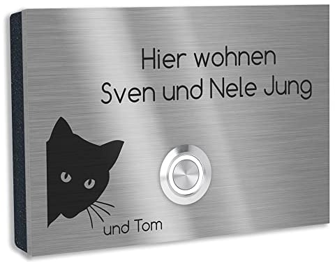 Jung-Edelstahl-Design V2A Edelstahl Türklingel London1 Motiv Katze. Klingelschild mit Gravur 12x8 cm. Led Klingeltaster. Klingelplatte Aufputz oder Unterputzmontage.