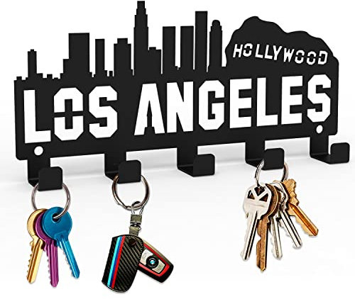 Decorelax Porte-clés mural en métal noir sur le thème des Los Angeles avec 5 crochets pour accrocher porte-clés, parapluie