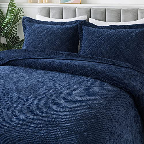 HoneiLife Cord-Bettwäsche-Sets für Queen-Size-Betten – 3-teilig, bestickte Steppdecke, doppelseitig, Samt-Tagesdecken, superweiche Decken, wendbarer Bettbezug, Steppdecken, Marineblau