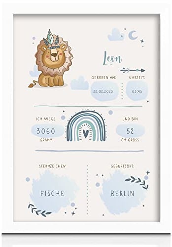 Milaboo® Personalisiertes Geburtsposter Boho Tiere I Personalisiertes Geschenk zur Geburt I Schönes Kinderzimmer Deko (Ohne Bilderrahmen Blau-Löwe)