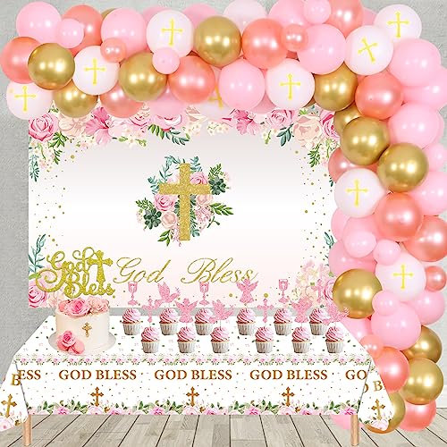 Taufe Dekorationen für Mädchen rosa und Rose Gold Ballon Girlande Bogen Kit, Gott segnen Backdrop Kuchen Topper Tischdecke Erstkommunion Taufe Baby Dusche Party Supplies