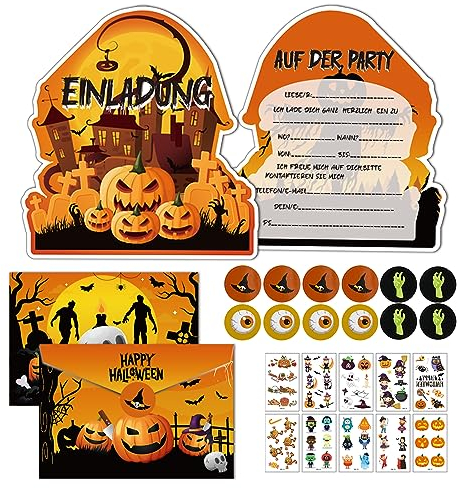 Byhsoep 12x Halloween Kürbis Einladungskarten mit 12 Umschlag,10 Tattoo Halloween,12 Runder Aufkleber,Halloween Kürbis Einladungskarten Deutsch für Halloween Party Einladung