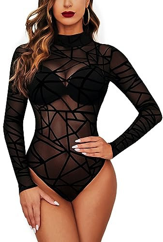 Avidlove Women‘s Mesh Bodysuit Long Sleeve Sheer Lace Tops Half Mock Neck Body Festival Outfit Party Y2k Leotard Clubwear Geo Print T-Shirt
