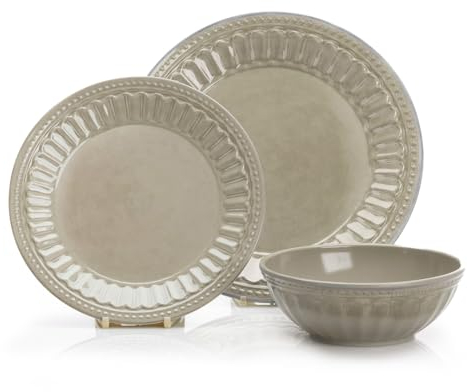 FLAMEFIELD Vintage Beige 12-Piece Melamine Set - Sophisticated Côte d'Azur-Inspired Dinnerware, Durable & Break-Resistant for Refined Dining, Dishwasher Safe