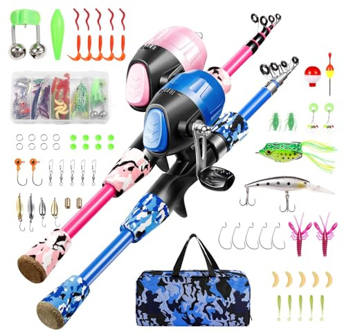 Gamashino Kinder-Angelruten-Set – 2er-Pack, Rute und Rolle, Kombi-Set mit Angelbox, Angelschnur für Kinder und Anfänger (blau + rosa, 4,92)