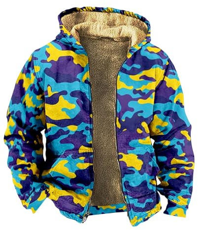 LUNULE Imprägnierspray Jacke Outdoorjacke Herren Wasserdicht Atmungsaktiv Sport Jacke Warm Camouflage Druck Teddy Fleece Gefüttert Langarm Hoodie Jacke Mit Reißverschluss Männer Jacke (Blau, XL)