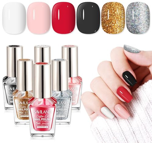 SAVILAND Nail Polish Set: 6 Colors Quick Dry Nail Varnish Color Locked X Tech Classic White Black Red Pink Nail Polish Rich in Castor Oil Gel Polish Salon Tech Manicure Pedicure