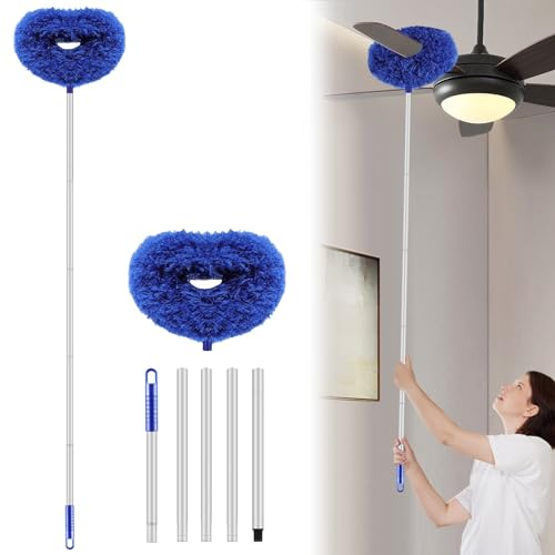 Feather Duster, Max 66'' Ceiling Fan Cleaner, Reusable Microfiber Blade Cleaner With Extension Pole for Cleaning Walls, Bookshelves, Furniture, Door Window Top, Blue