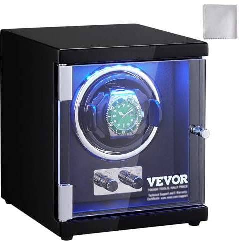 VEVOR Remontoir Montre Automatique 1 Montre Écrin pour Montres Automatiques avec Moteur Japonais Mabuchi Silencieux 5 Modes de Remontage en Panneau Haute Densité et Acrylique LED Bleu à Domicile