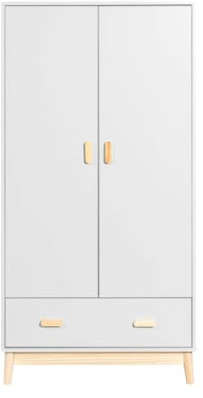 Rebecca Mobili Guardaroba per Bambini, Armadio da Cameretta, Bianco Marrone, MDF Pino, Stile Scandinavo, con 1 Cassetto 2 Ante - Misure HxLxP: 175 x 80 x 55 cm - Art. RE6986