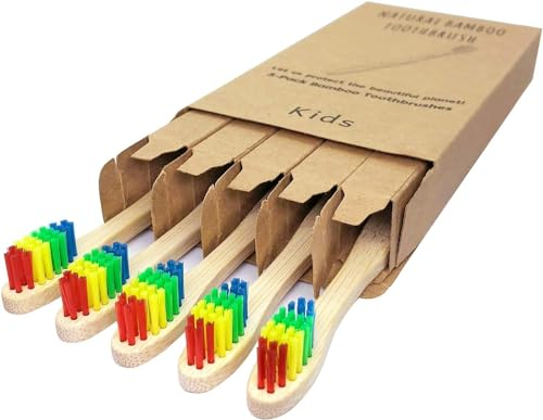 ECOETBOO Bambus-Zahnbürste für Kinder, weiche und sanfte BPA-freie Borsten, 5 Stück, vegan, natürlicher Holzgriff (Regenbogenfarben, 5 Stück)