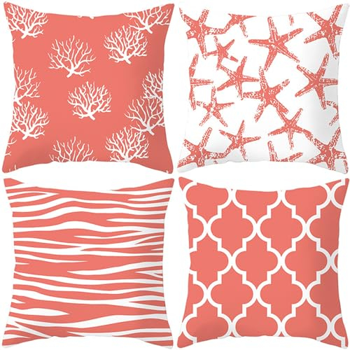 Kissenbezug 45x45 cm 4er Set Errötende Koralle Deko Kissen Kissenhülle Outdoor Sofakissen Kissenbezüge Quadratische Leinen Dekokissen Zierkissenbezüge für Schlafzimmer Sofa Stuhl Bett Garten Dekor