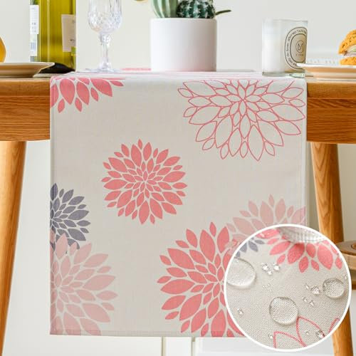 Vorysum Tischläufer Blumen Rosa Dahlien Tischläufer Modern Wasserabweisend Leinen,Dekoration Tischdecke Outdoor Sommer Garten für Hochzeit Esszimmer Party Urlaub Dekor 33 x 183 cm