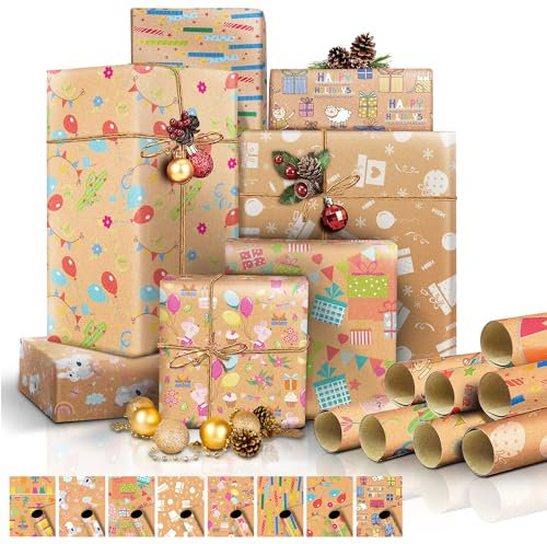 Geschenkpapier 8 Rolle, Geschenkpapier Kraft Set, Geschenkpapier Rollen Geburtstag, Packpapier Rolle Recycling, Kraftpapier Modern Valentinstag Weihnachten Geschenkverpackung (50cm×0.7m 8 Rollen)