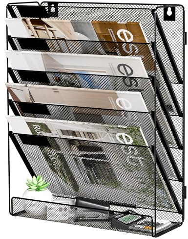 Solinxe 5-Tier Desk Tidy Organiser, A4 Wall Mounted Document Holder, Vertical Metal Magazine Rack, Wall Hanging Storage Organiser in Tray for Office Accessories Stationery Supplies, Black