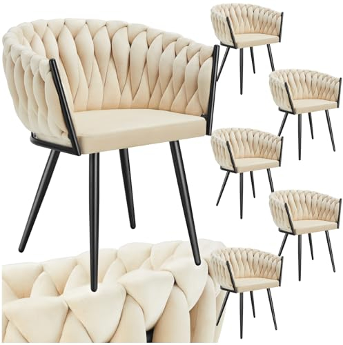 tectake® Samt Stuhl, Schalenstuhl mit Armlehne in Knoten Optik, Esszimmerstühle, Sessel modern für Wohnzimmer, Esszimmer, als Küchenstühle, für Schminktisch, Dining Chair Set - Sand, 6er Set