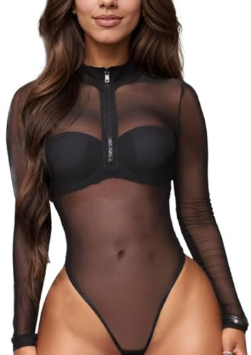 EMOTTOS Women Long Sleeve Bodysuit, Sheer Mesh See Through Sexy Round Zip Neckline Jumpsuit Body Suits, Slim Fit High Stretch Soft Casual Leotard Top Shirt, Black, S-L