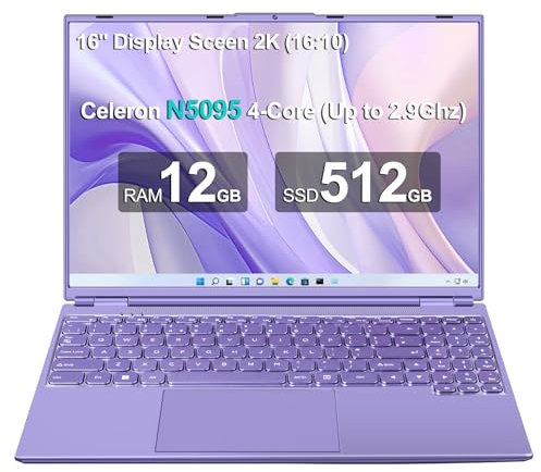 PC Portatile 16 Pollici Computer Portatile Win11 12GB 512GB 1TB SSD Espansione N5095 fino a 2.9Ghz, Notebook Laptop Ventola di Raffreddamento 5GWIFI 2K FHD Mini HDMl Membrana Tastiera Italiana-Viola